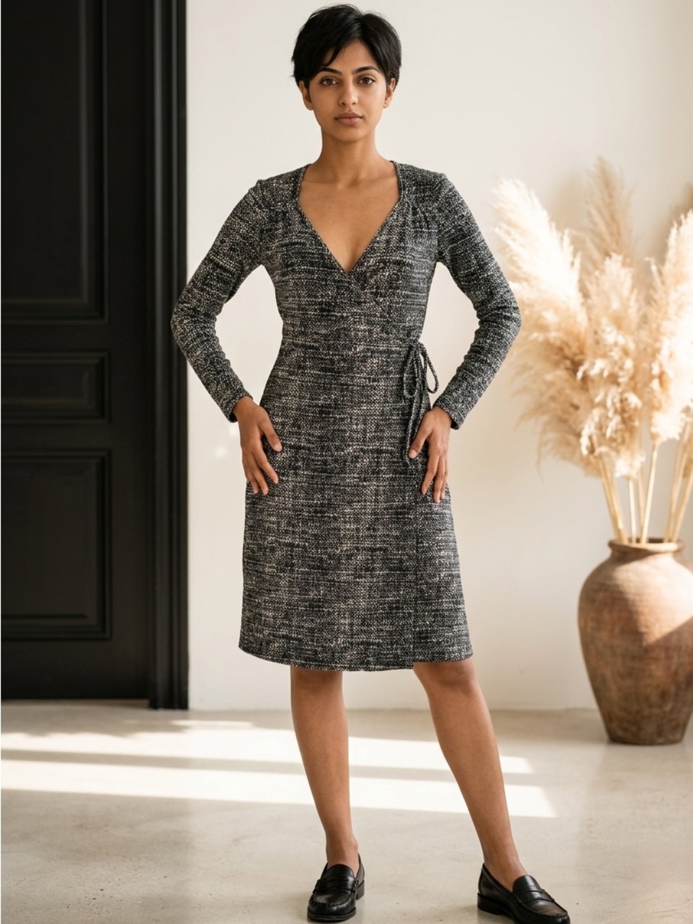 Silk Cotton Wrap Dress S Retro Parisian Chic Desk to Dinner Soft Tailoring